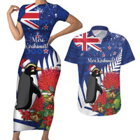 New Zealand Christmas In July Couples Matching Short Sleeve Bodycon Dress and Hawaiian Shirt Fiordland Penguin With Pohutukawa Flower LT14 Blue - Polynesian Pride