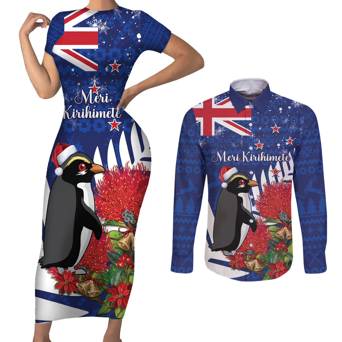 New Zealand Christmas In July Couples Matching Short Sleeve Bodycon Dress and Long Sleeve Button Shirt Fiordland Penguin With Pohutukawa Flower LT14 Blue - Polynesian Pride