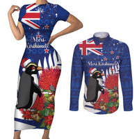 New Zealand Christmas In July Couples Matching Short Sleeve Bodycon Dress and Long Sleeve Button Shirt Fiordland Penguin With Pohutukawa Flower LT14 Blue - Polynesian Pride