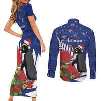 New Zealand Christmas In July Couples Matching Short Sleeve Bodycon Dress and Long Sleeve Button Shirt Fiordland Penguin With Pohutukawa Flower LT14 - Polynesian Pride