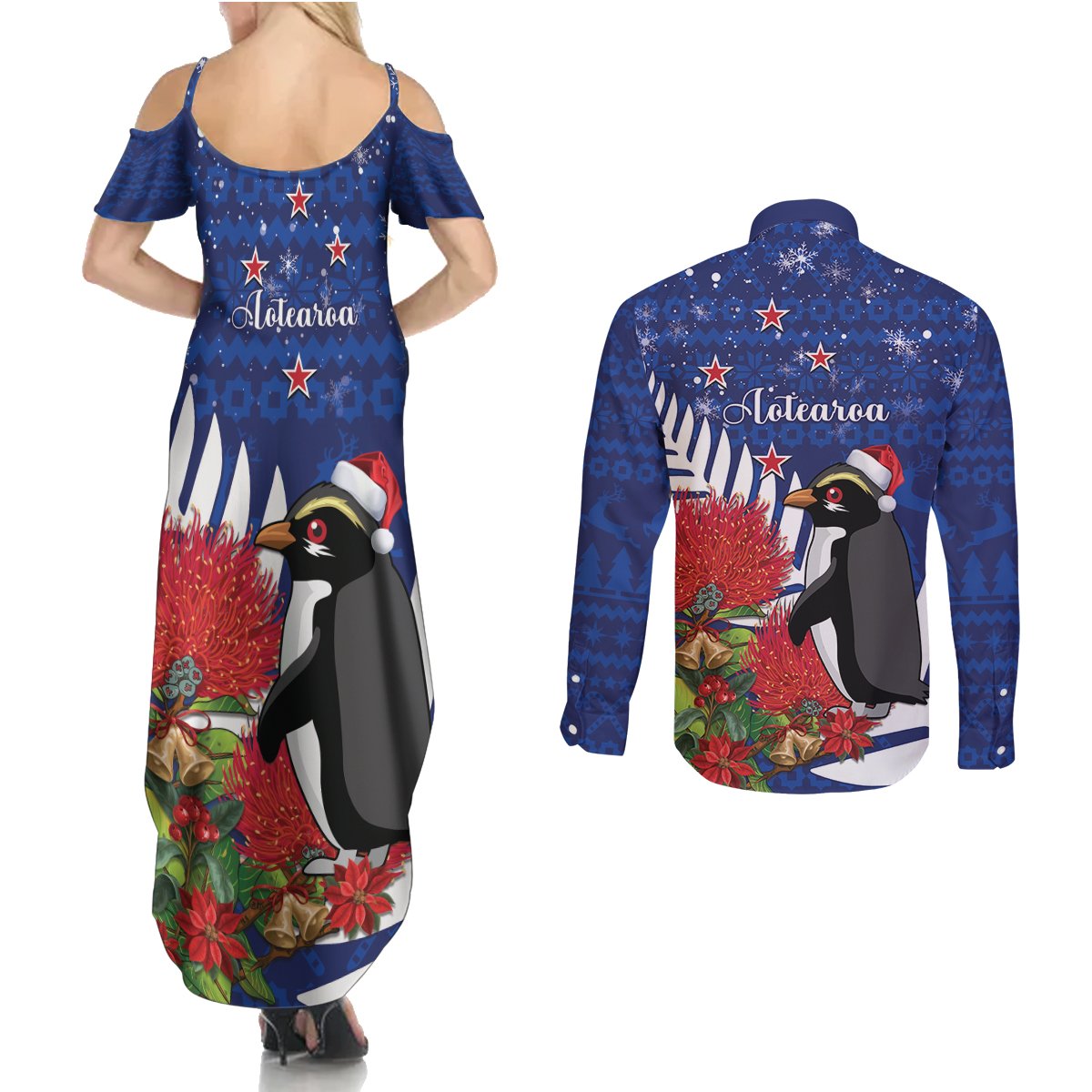 New Zealand Christmas In July Couples Matching Summer Maxi Dress and Long Sleeve Button Shirt Fiordland Penguin With Pohutukawa Flower LT14 - Polynesian Pride