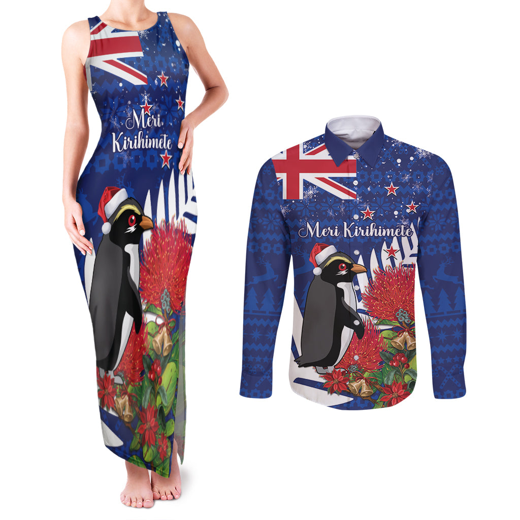 New Zealand Christmas In July Couples Matching Tank Maxi Dress and Long Sleeve Button Shirt Fiordland Penguin With Pohutukawa Flower LT14 Blue - Polynesian Pride