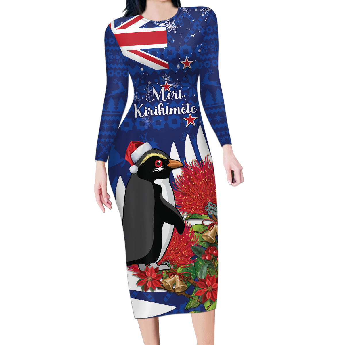 New Zealand Christmas In July Family Matching Long Sleeve Bodycon Dress and Hawaiian Shirt Fiordland Penguin With Pohutukawa Flower LT14 Mom's Dress Blue - Polynesian Pride