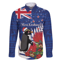 New Zealand Christmas In July Family Matching Mermaid Dress and Hawaiian Shirt Fiordland Penguin With Pohutukawa Flower LT14 Dad's Shirt - Long Sleeve Blue - Polynesian Pride