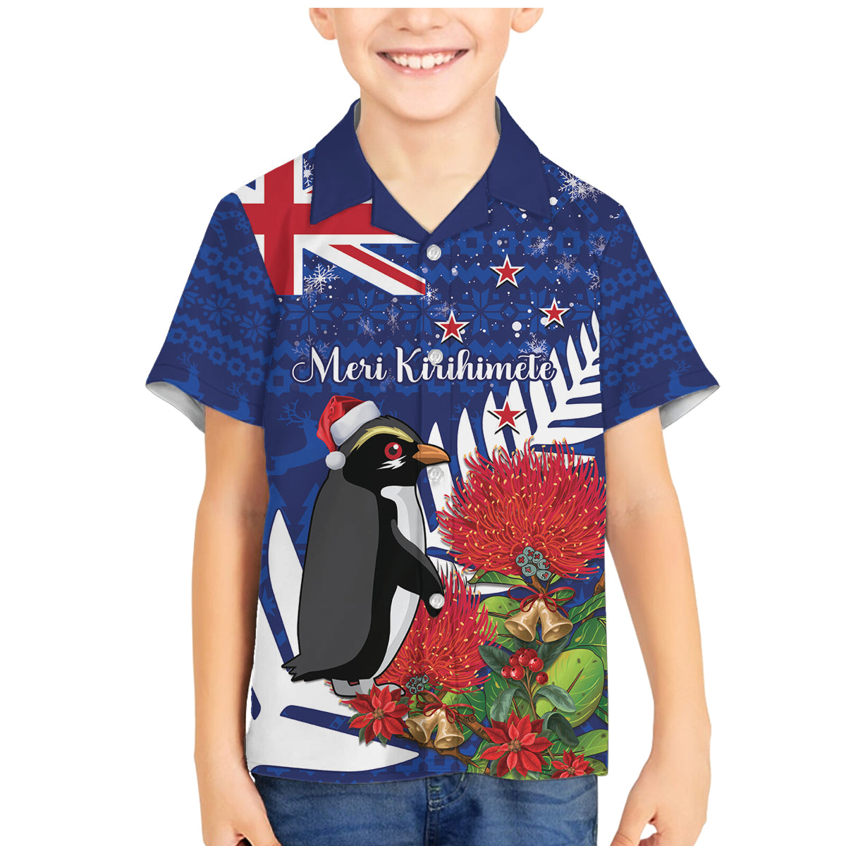 New Zealand Christmas In July Family Matching Mermaid Dress and Hawaiian Shirt Fiordland Penguin With Pohutukawa Flower LT14 Son's Shirt Blue - Polynesian Pride