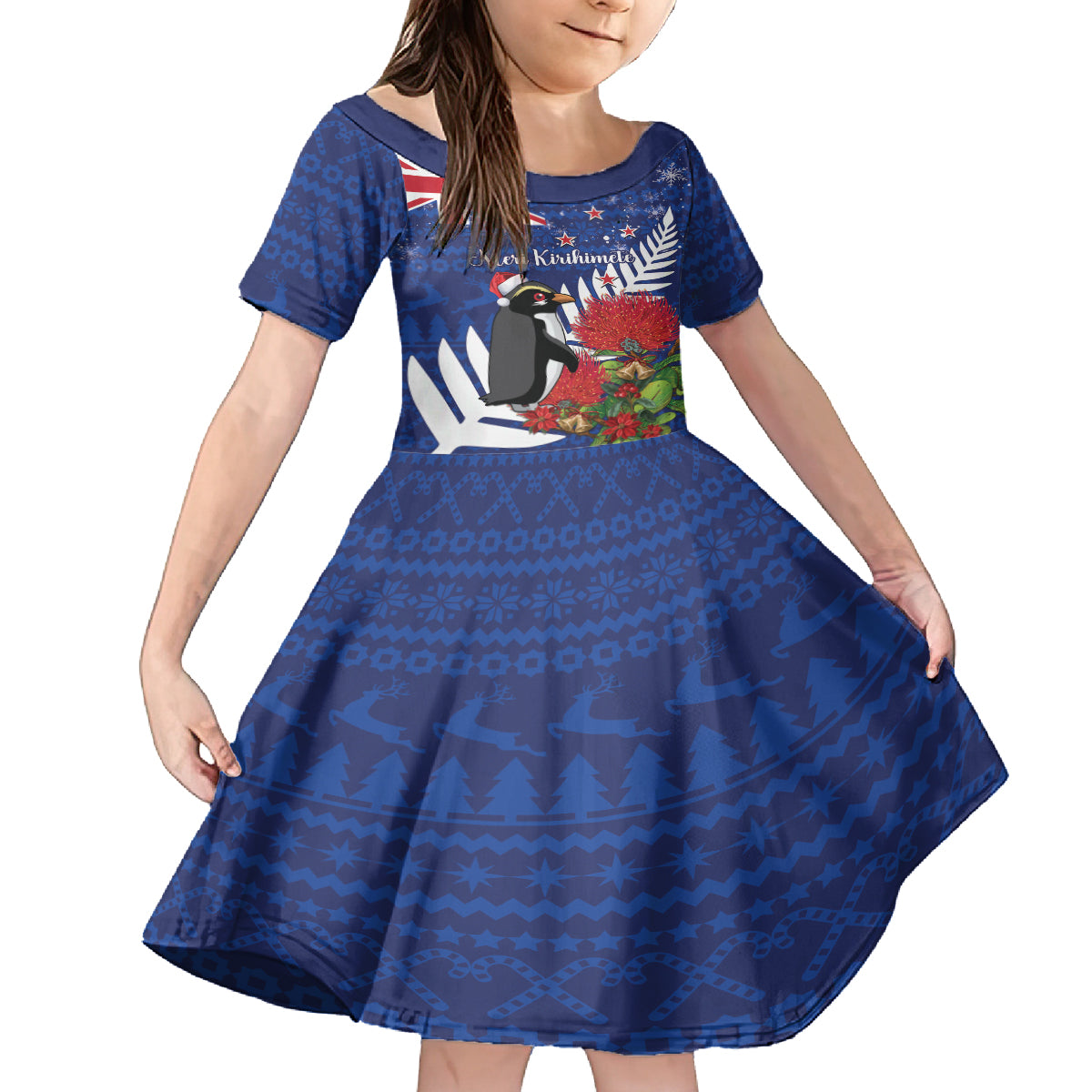 New Zealand Christmas In July Family Matching Off The Shoulder Long Sleeve Dress and Hawaiian Shirt Fiordland Penguin With Pohutukawa Flower LT14 Daughter's Dress Blue - Polynesian Pride