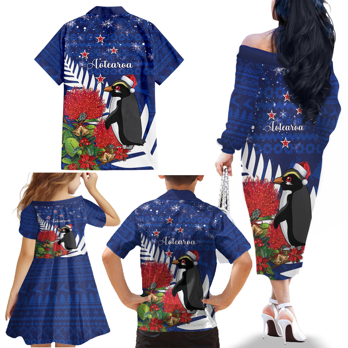 New Zealand Christmas In July Family Matching Off The Shoulder Long Sleeve Dress and Hawaiian Shirt Fiordland Penguin With Pohutukawa Flower LT14 - Polynesian Pride