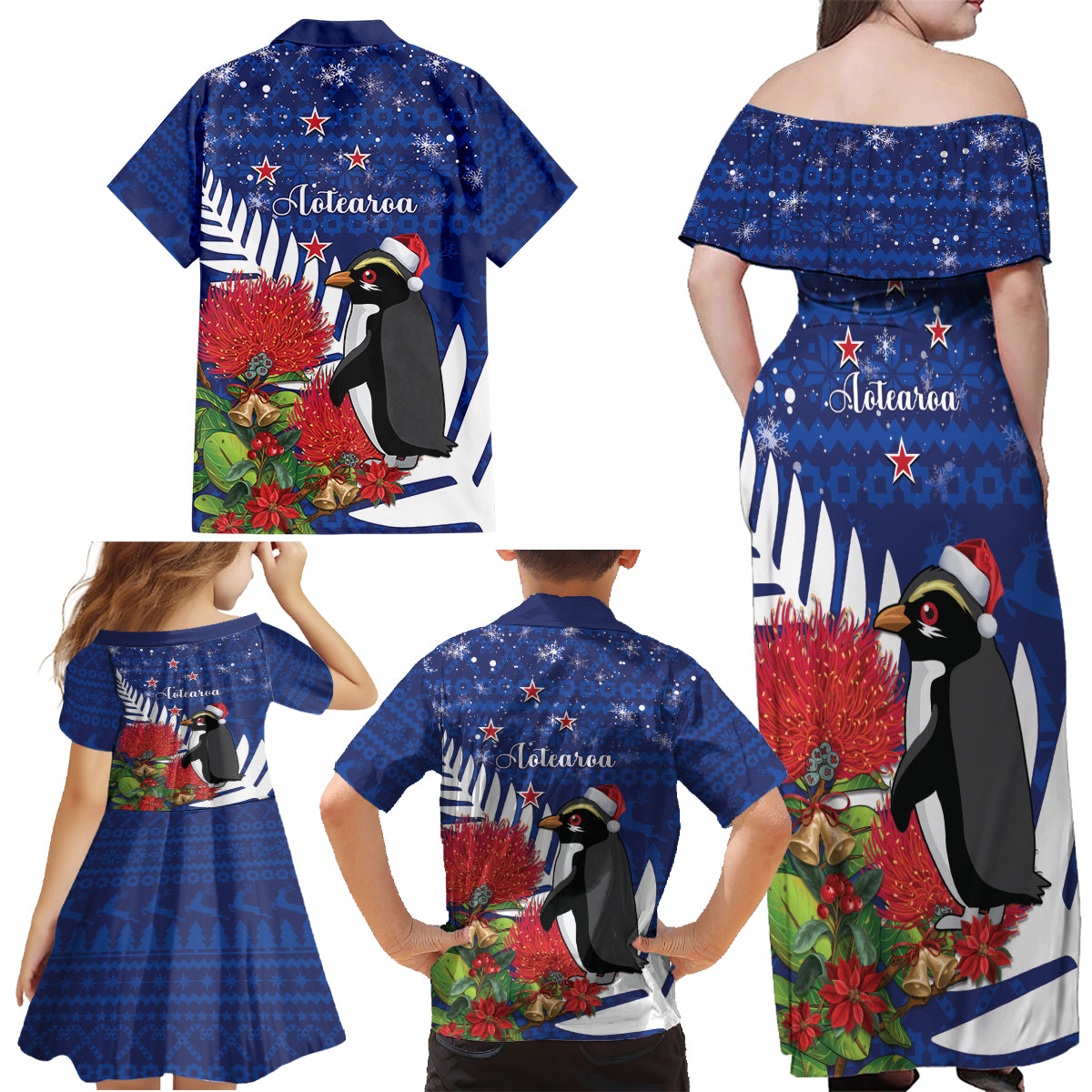 New Zealand Christmas In July Family Matching Off Shoulder Maxi Dress and Hawaiian Shirt Fiordland Penguin With Pohutukawa Flower LT14 - Polynesian Pride