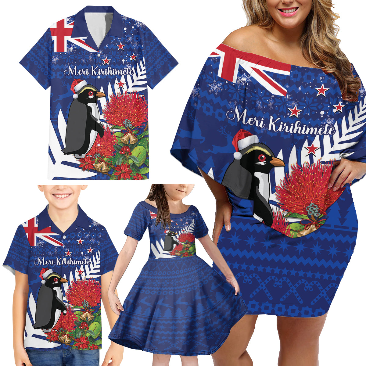 New Zealand Christmas In July Family Matching Off Shoulder Short Dress and Hawaiian Shirt Fiordland Penguin With Pohutukawa Flower LT14 - Polynesian Pride