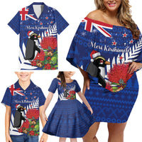 New Zealand Christmas In July Family Matching Off Shoulder Short Dress and Hawaiian Shirt Fiordland Penguin With Pohutukawa Flower LT14 - Polynesian Pride