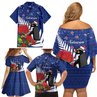 New Zealand Christmas In July Family Matching Off Shoulder Short Dress and Hawaiian Shirt Fiordland Penguin With Pohutukawa Flower LT14 - Polynesian Pride