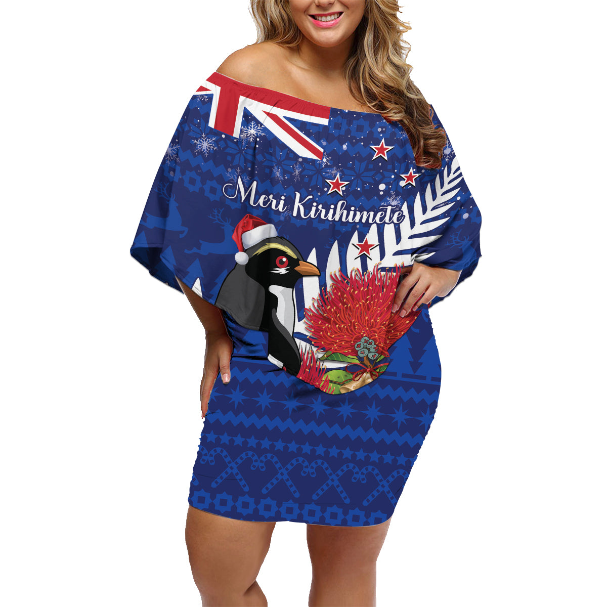 New Zealand Christmas In July Family Matching Off Shoulder Short Dress and Hawaiian Shirt Fiordland Penguin With Pohutukawa Flower LT14 Mom's Dress Blue - Polynesian Pride