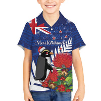 New Zealand Christmas In July Family Matching Off Shoulder Short Dress and Hawaiian Shirt Fiordland Penguin With Pohutukawa Flower LT14 Son's Shirt Blue - Polynesian Pride