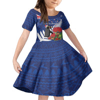 New Zealand Christmas In July Family Matching Puletasi and Hawaiian Shirt Fiordland Penguin With Pohutukawa Flower LT14 Daughter's Dress Blue - Polynesian Pride