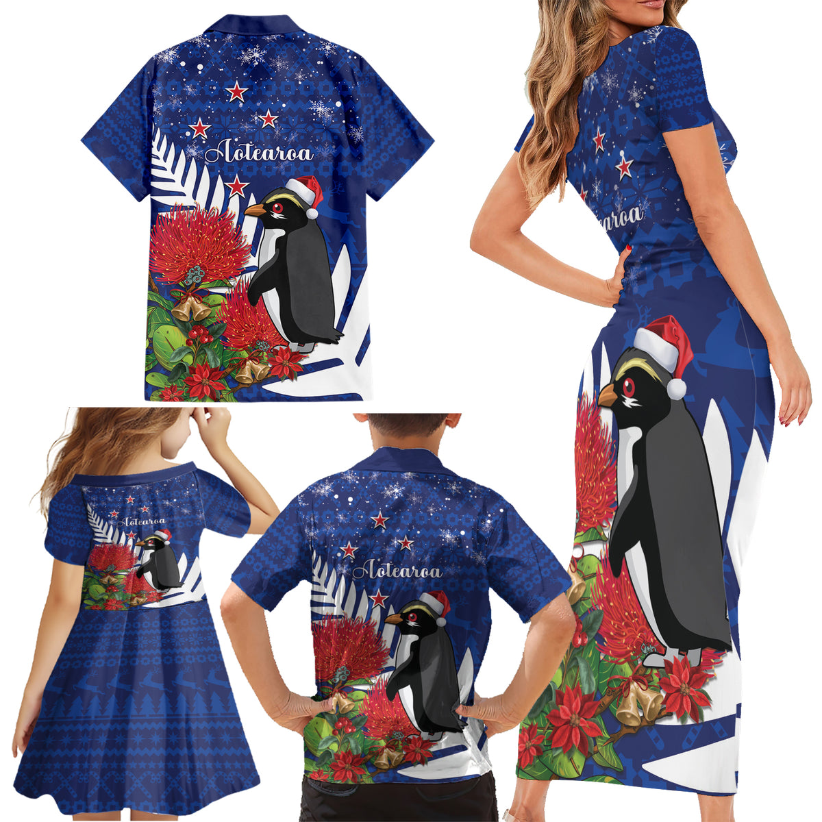New Zealand Christmas In July Family Matching Short Sleeve Bodycon Dress and Hawaiian Shirt Fiordland Penguin With Pohutukawa Flower LT14 - Polynesian Pride