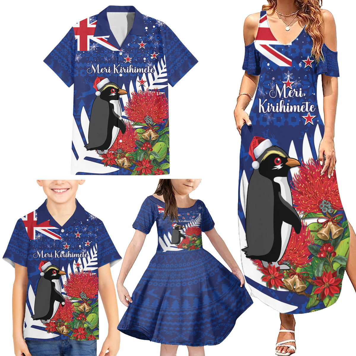 New Zealand Christmas In July Family Matching Summer Maxi Dress and Hawaiian Shirt Fiordland Penguin With Pohutukawa Flower LT14 - Polynesian Pride