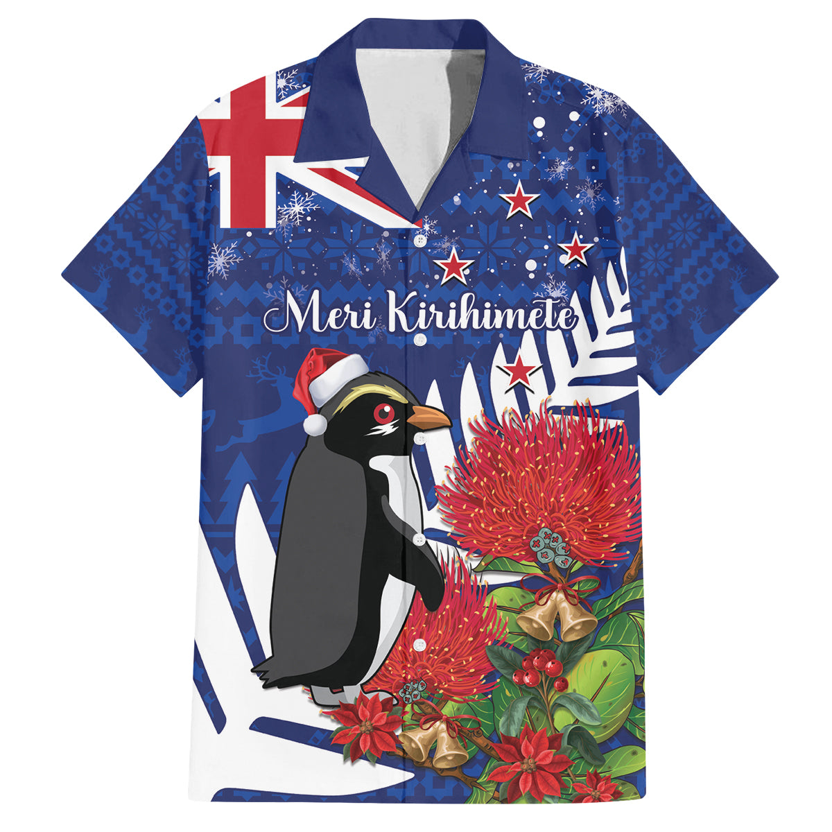 New Zealand Christmas In July Family Matching Tank Maxi Dress and Hawaiian Shirt Fiordland Penguin With Pohutukawa Flower LT14 Dad's Shirt - Short Sleeve Blue - Polynesian Pride