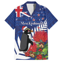 New Zealand Christmas In July Family Matching Tank Maxi Dress and Hawaiian Shirt Fiordland Penguin With Pohutukawa Flower LT14 Dad's Shirt - Short Sleeve Blue - Polynesian Pride