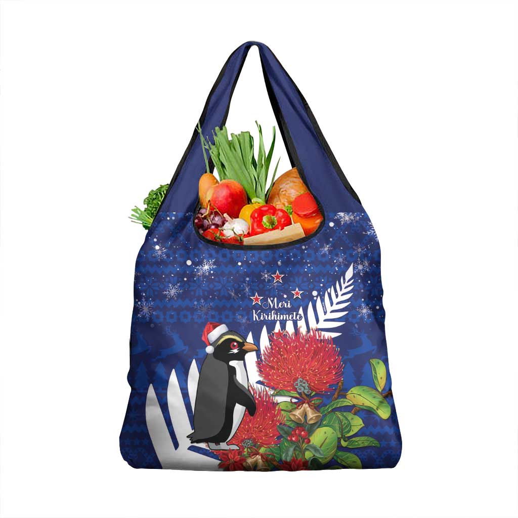 New Zealand Christmas In July Grocery Bag Fiordland Penguin With Pohutukawa Flower LT14 1-pack One Size Blue - Polynesian Pride