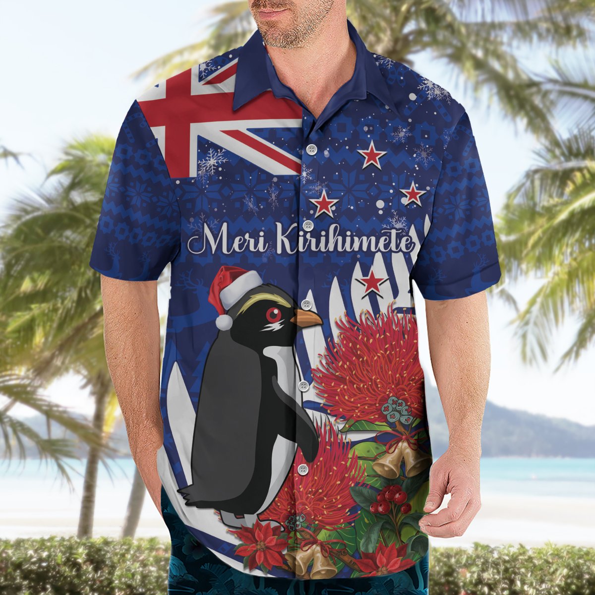 New Zealand Christmas In July Hawaiian Shirt Fiordland Penguin With Pohutukawa Flower LT14 - Polynesian Pride