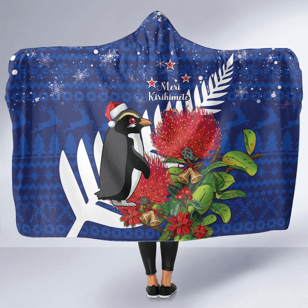 New Zealand Christmas In July Hooded Blanket Fiordland Penguin With Pohutukawa Flower LT14 - Polynesian Pride