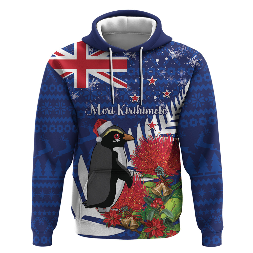 New Zealand Christmas In July Hoodie Fiordland Penguin With Pohutukawa Flower LT14 Pullover Hoodie Blue - Polynesian Pride