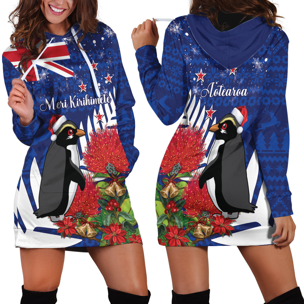 New Zealand Christmas In July Hoodie Dress Fiordland Penguin With Pohutukawa Flower LT14 - Polynesian Pride