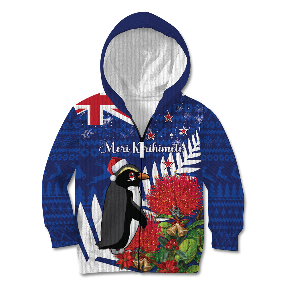 New Zealand Christmas In July Kid Hoodie Fiordland Penguin With Pohutukawa Flower LT14 Zip Hoodie Blue - Polynesian Pride