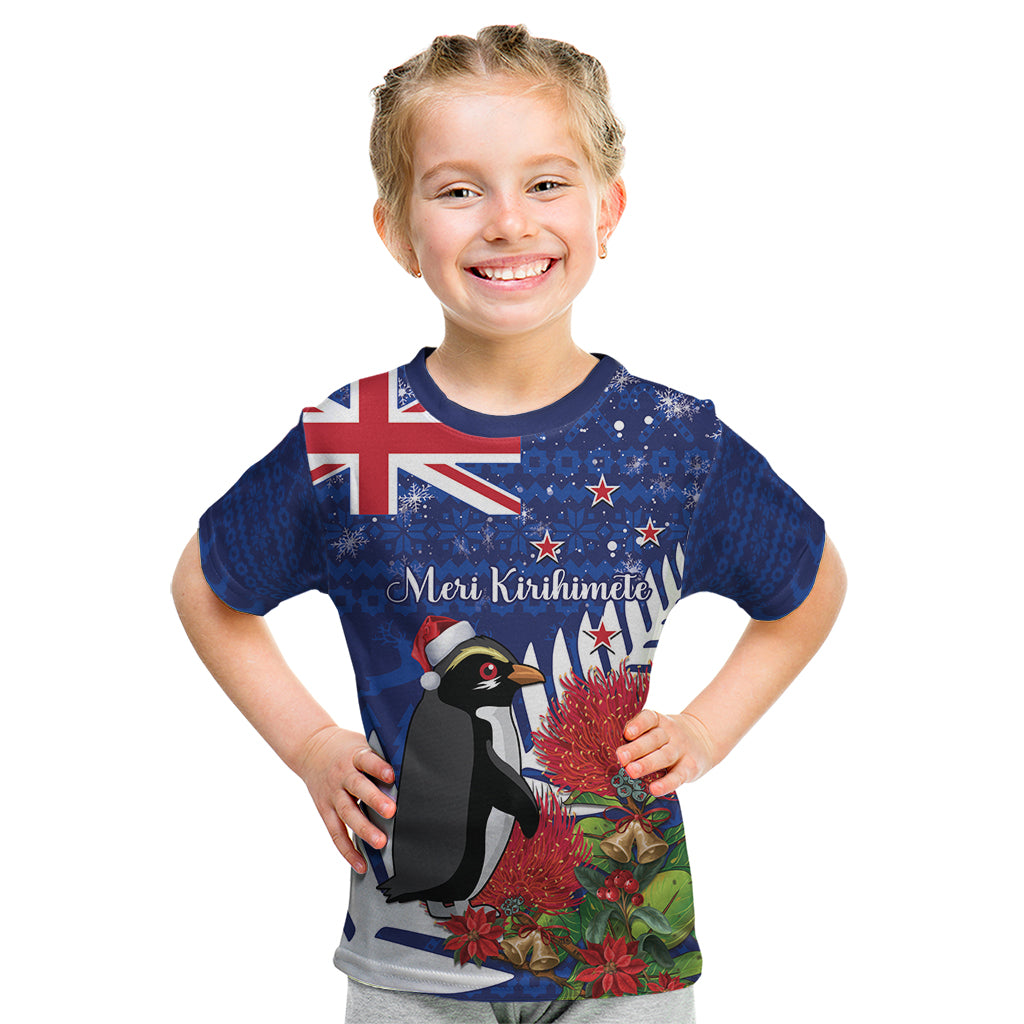 New Zealand Christmas In July Kid T Shirt Fiordland Penguin With Pohutukawa Flower LT14 Blue - Polynesian Pride