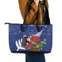New Zealand Christmas In July Leather Tote Bag Fiordland Penguin With Pohutukawa Flower LT14 - Polynesian Pride