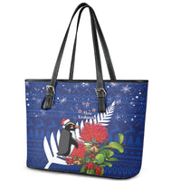 New Zealand Christmas In July Leather Tote Bag Fiordland Penguin With Pohutukawa Flower LT14 - Polynesian Pride