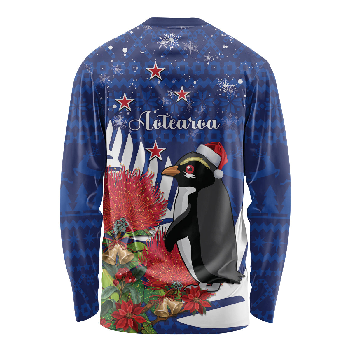 New Zealand Christmas In July Long Sleeve Shirt Fiordland Penguin With Pohutukawa Flower LT14 - Polynesian Pride