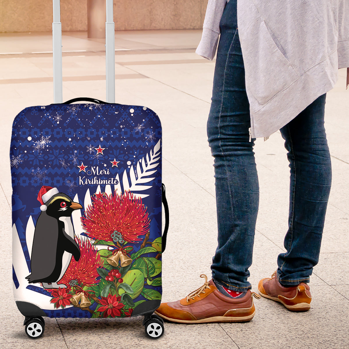 New Zealand Christmas In July Luggage Cover Fiordland Penguin With Pohutukawa Flower LT14 Blue - Polynesian Pride