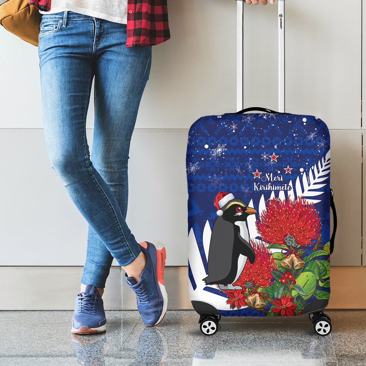 New Zealand Christmas In July Luggage Cover Fiordland Penguin With Pohutukawa Flower LT14 - Polynesian Pride