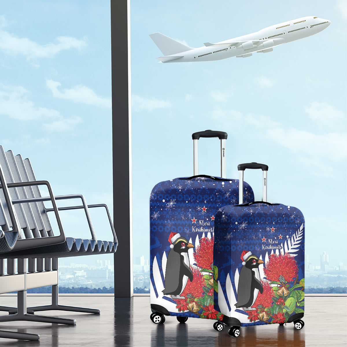 New Zealand Christmas In July Luggage Cover Fiordland Penguin With Pohutukawa Flower LT14 - Polynesian Pride