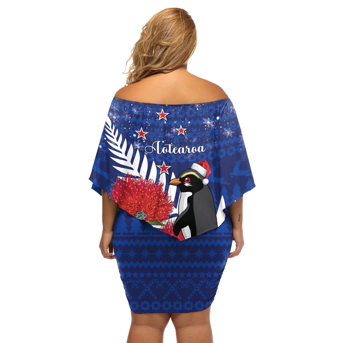 New Zealand Christmas In July Off Shoulder Short Dress Fiordland Penguin With Pohutukawa Flower LT14 - Polynesian Pride