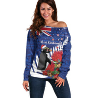 New Zealand Christmas In July Off Shoulder Sweater Fiordland Penguin With Pohutukawa Flower LT14 Women Blue - Polynesian Pride