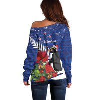 New Zealand Christmas In July Off Shoulder Sweater Fiordland Penguin With Pohutukawa Flower LT14 - Polynesian Pride