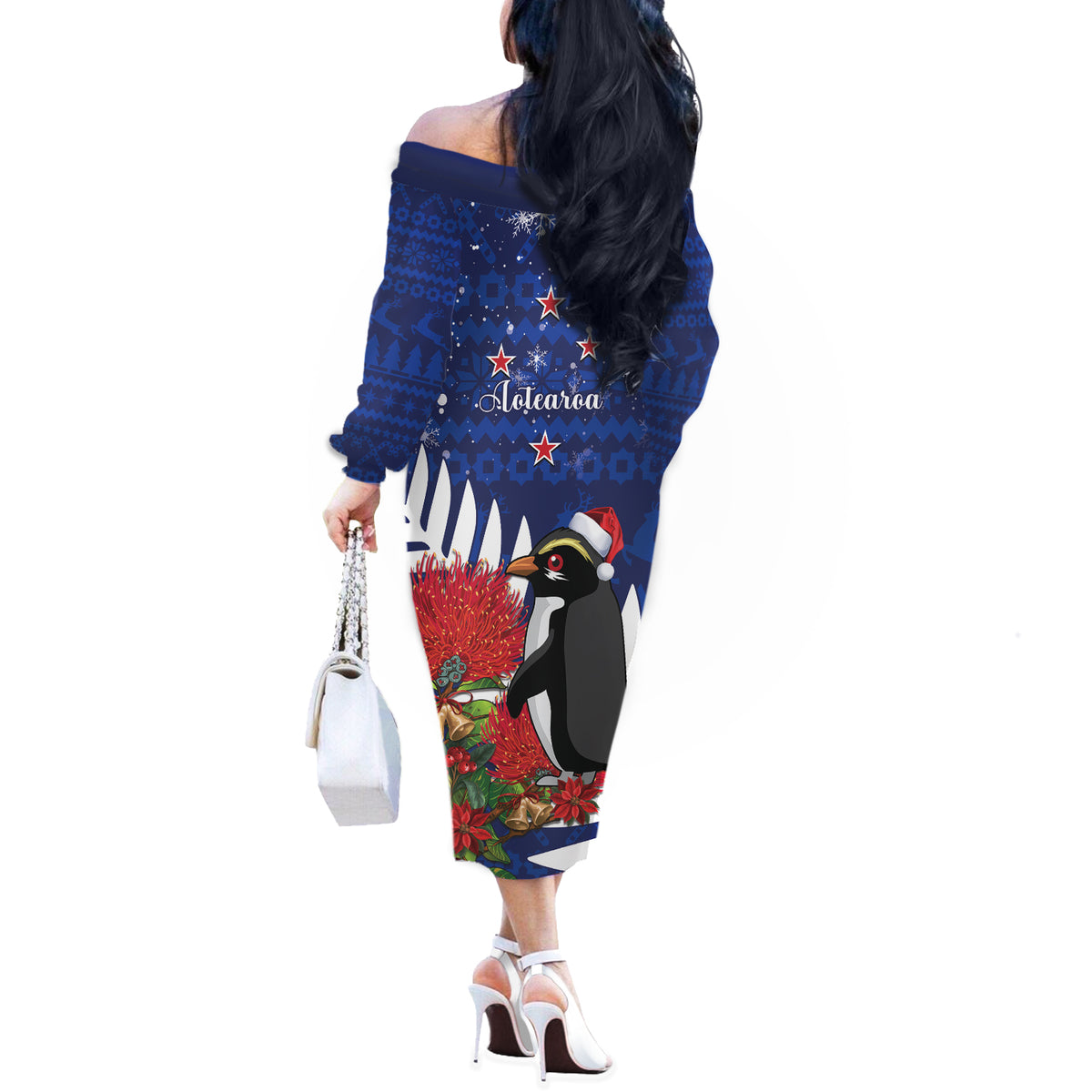 New Zealand Christmas In July Off The Shoulder Long Sleeve Dress Fiordland Penguin With Pohutukawa Flower LT14 - Polynesian Pride