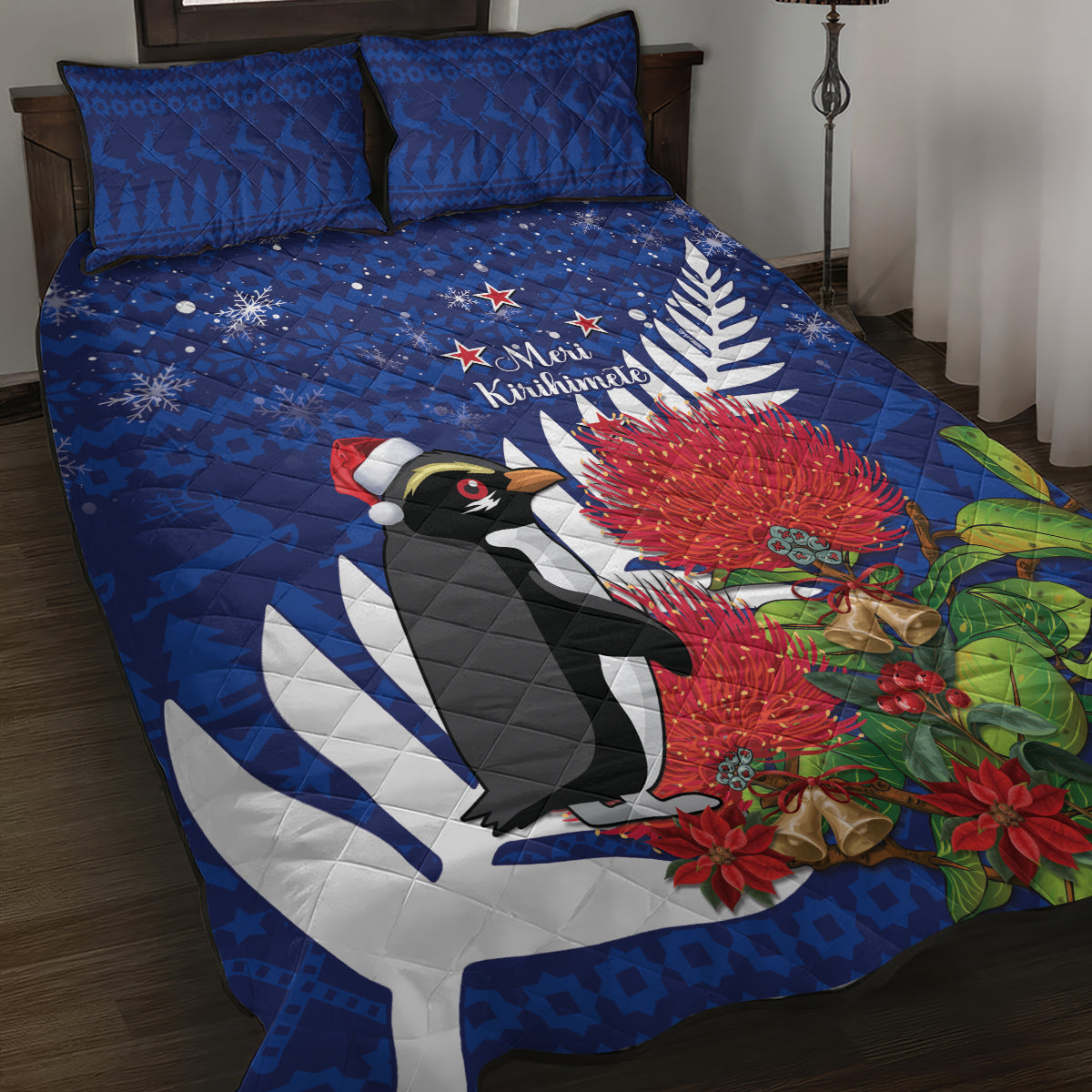 New Zealand Christmas In July Quilt Bed Set Fiordland Penguin With Pohutukawa Flower LT14 Blue - Polynesian Pride