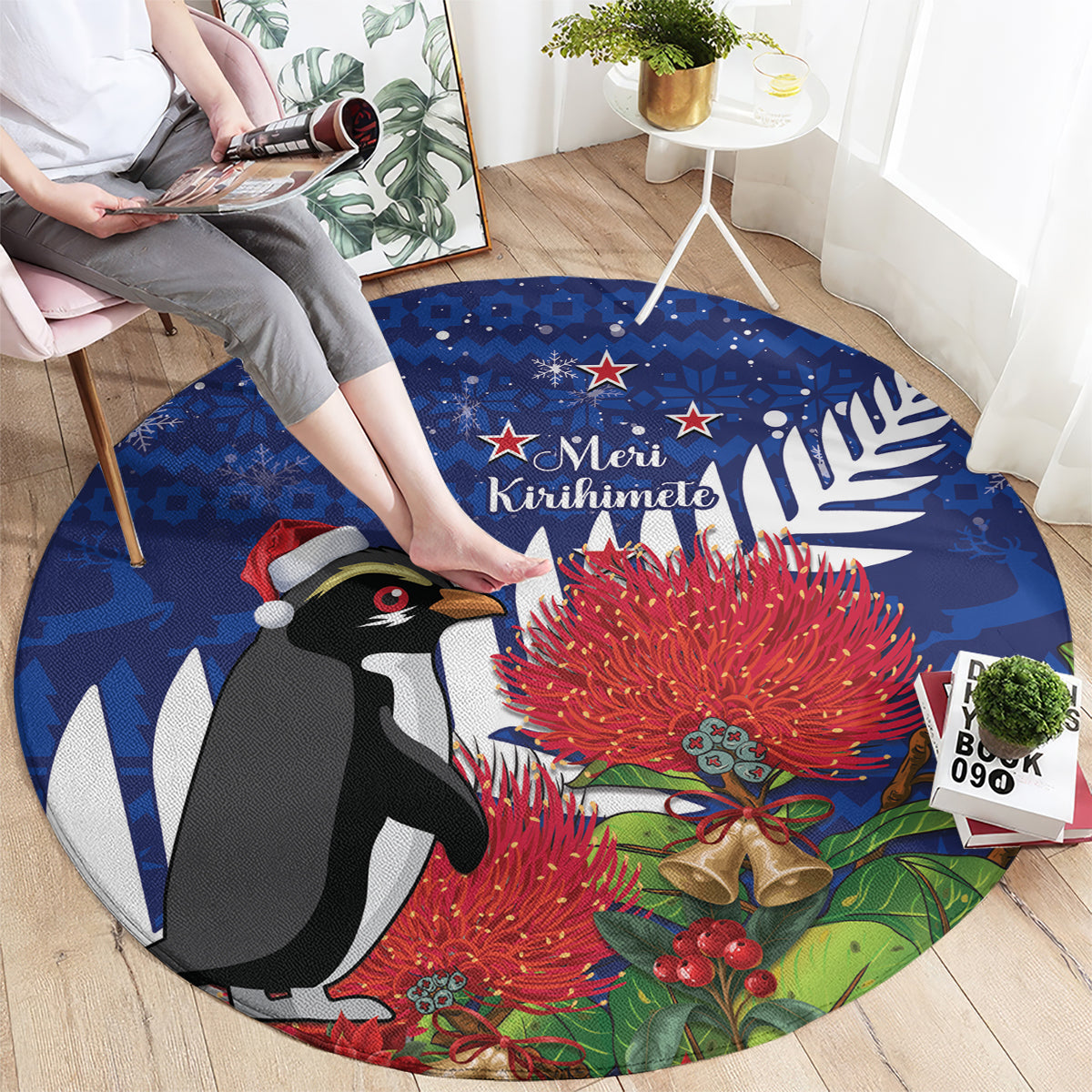 New Zealand Christmas In July Round Carpet Fiordland Penguin With Pohutukawa Flower LT14 - Polynesian Pride