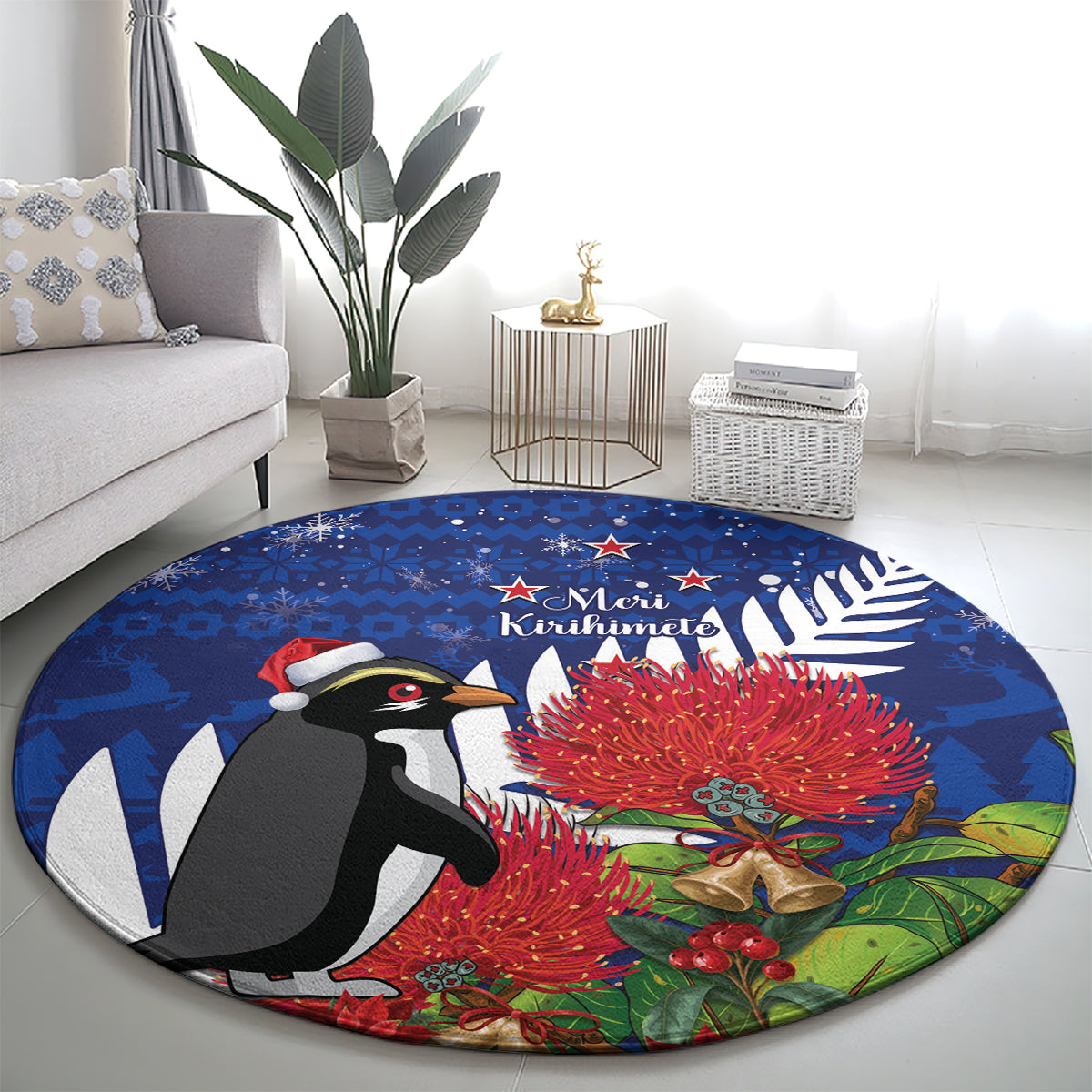 New Zealand Christmas In July Round Carpet Fiordland Penguin With Pohutukawa Flower LT14 - Polynesian Pride