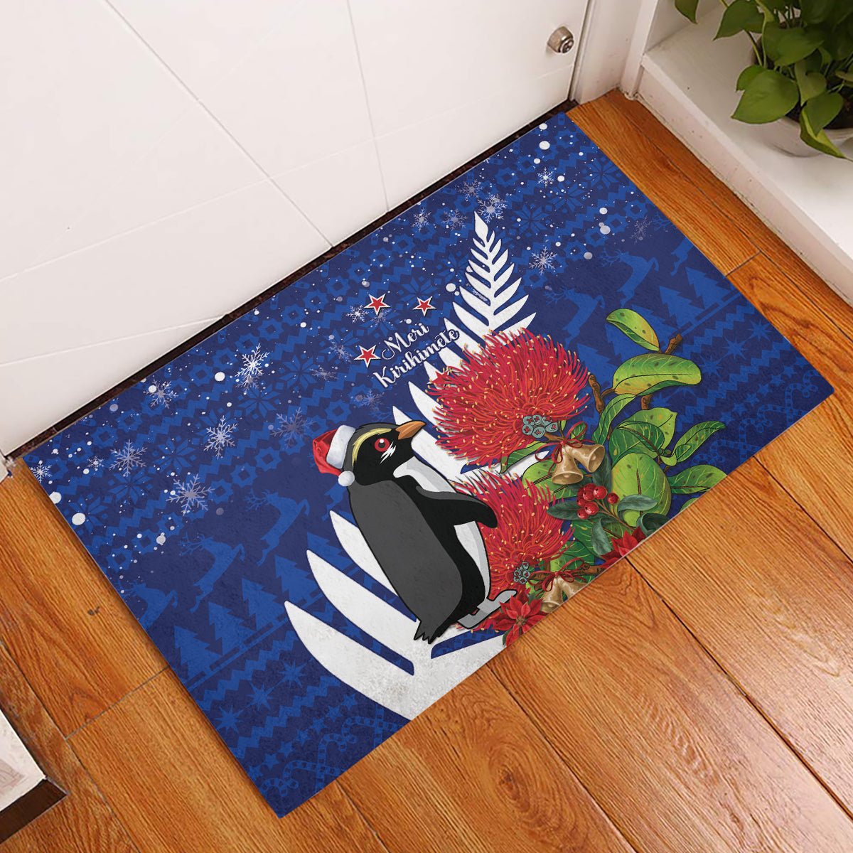 New Zealand Christmas In July Rubber Doormat Fiordland Penguin With Pohutukawa Flower LT14 Blue - Polynesian Pride