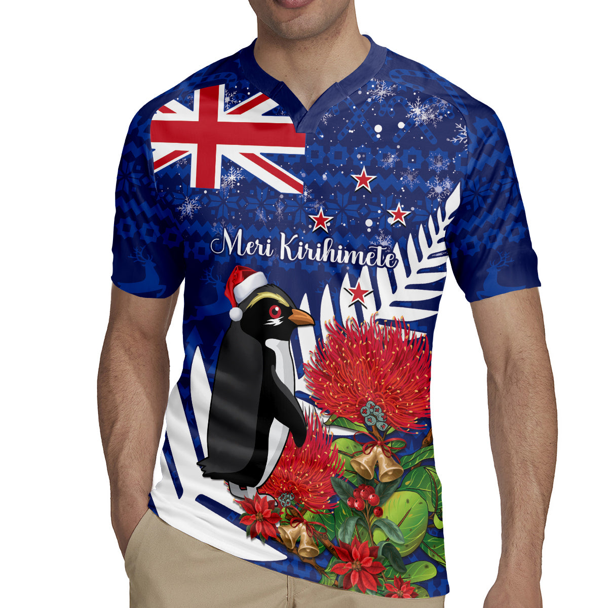 New Zealand Christmas In July Rugby Jersey Fiordland Penguin With Pohutukawa Flower LT14 - Polynesian Pride