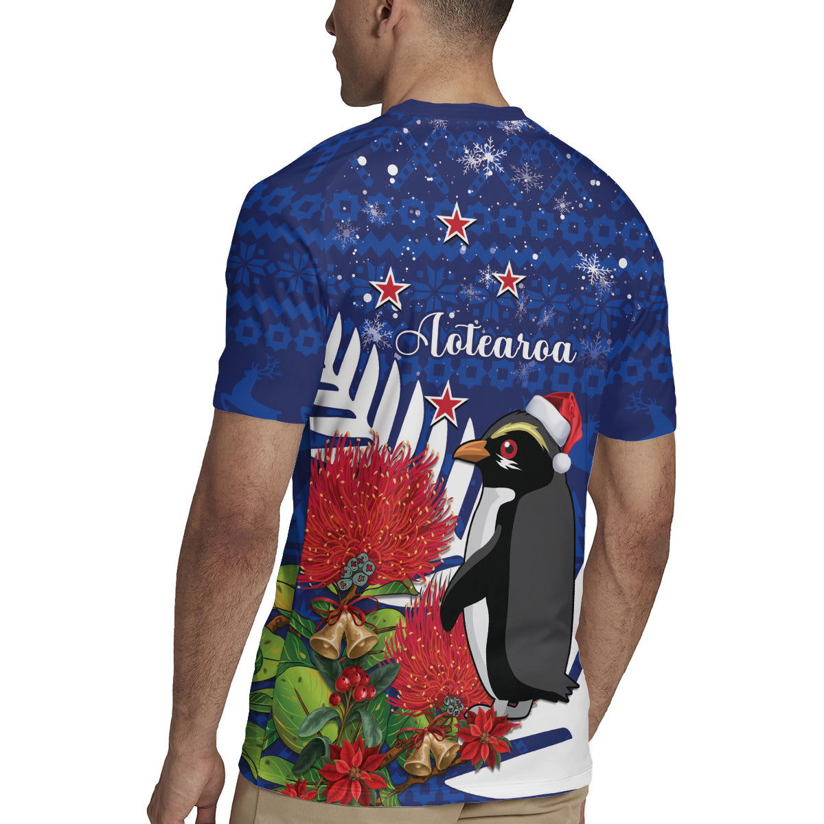 New Zealand Christmas In July Rugby Jersey Fiordland Penguin With Pohutukawa Flower LT14 - Polynesian Pride