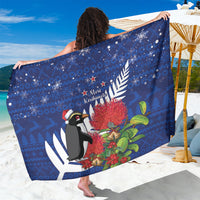 New Zealand Christmas In July Sarong Fiordland Penguin With Pohutukawa Flower LT14 One Size 44 x 66 inches Blue - Polynesian Pride