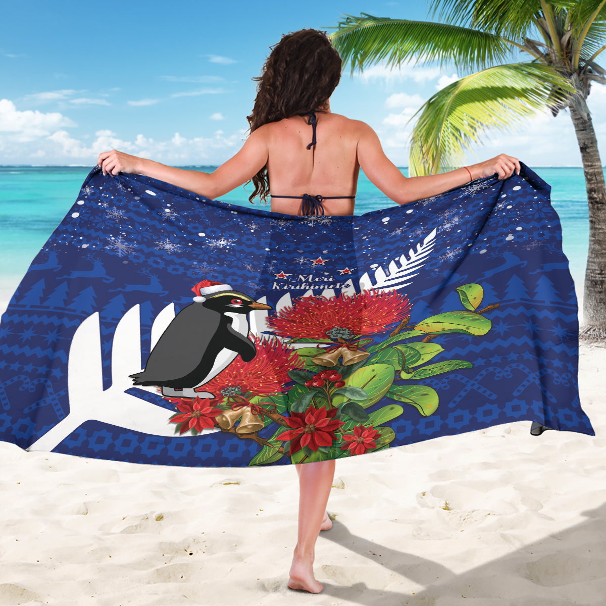 New Zealand Christmas In July Sarong Fiordland Penguin With Pohutukawa Flower LT14 - Polynesian Pride