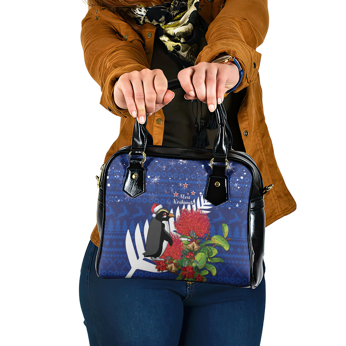 New Zealand Christmas In July Shoulder Handbag Fiordland Penguin With Pohutukawa Flower LT14 One Size Blue - Polynesian Pride