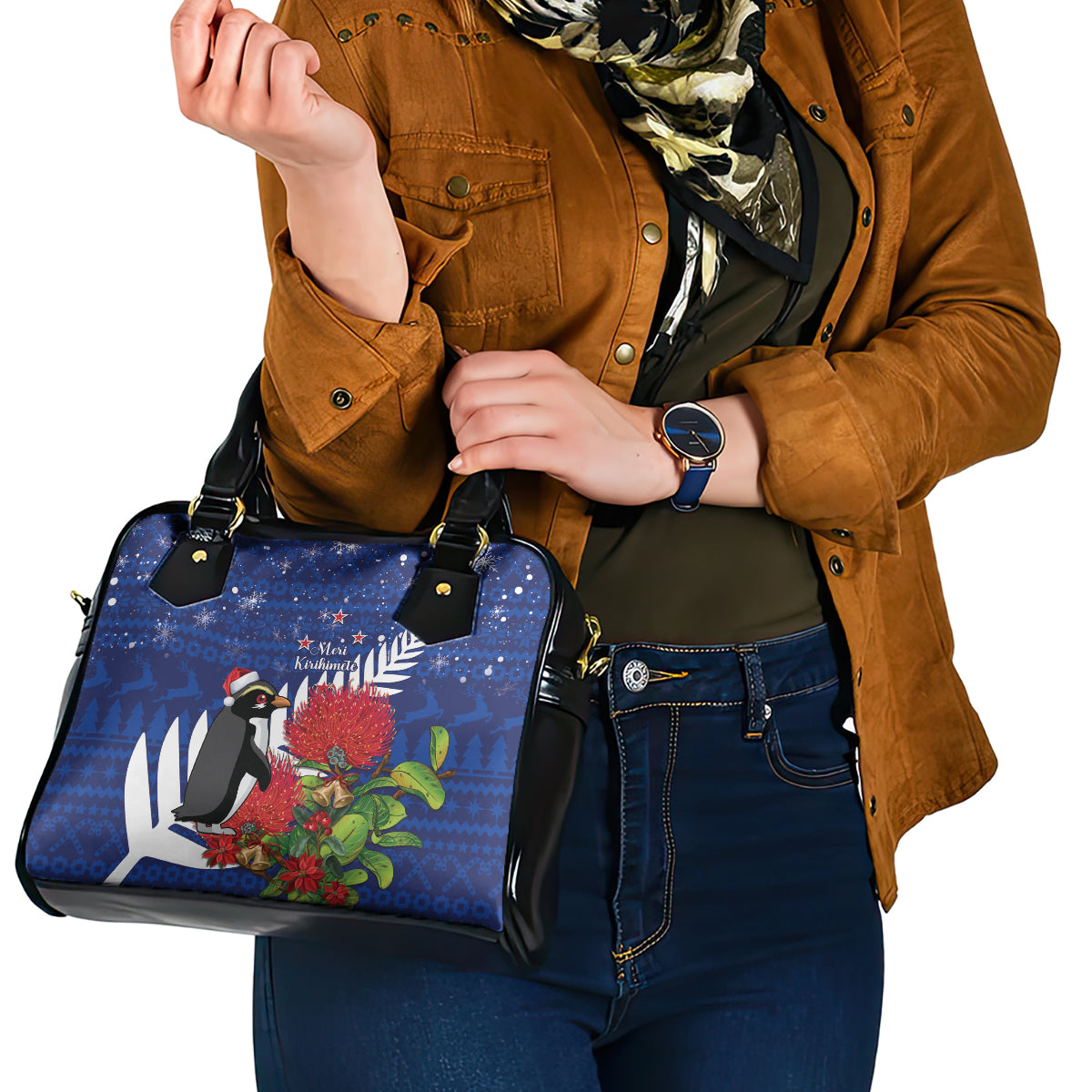 New Zealand Christmas In July Shoulder Handbag Fiordland Penguin With Pohutukawa Flower LT14 - Polynesian Pride
