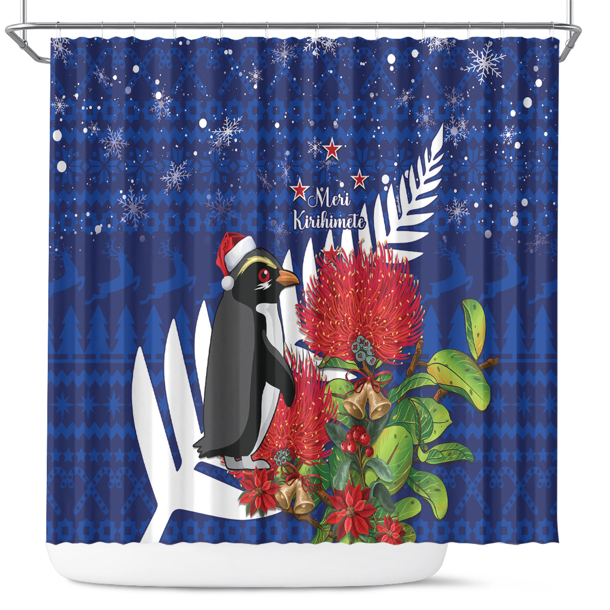 New Zealand Christmas In July Shower Curtain Fiordland Penguin With Pohutukawa Flower LT14 Blue - Polynesian Pride